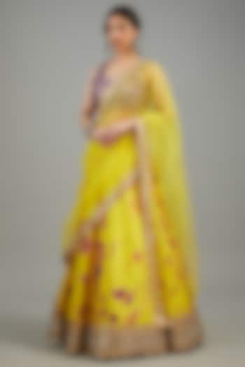 Yellow Raw Silk Tie-Dyed & Mirror Work Bridal Lehenga Set by Akanksha Gajria at Pernia's Pop Up Shop