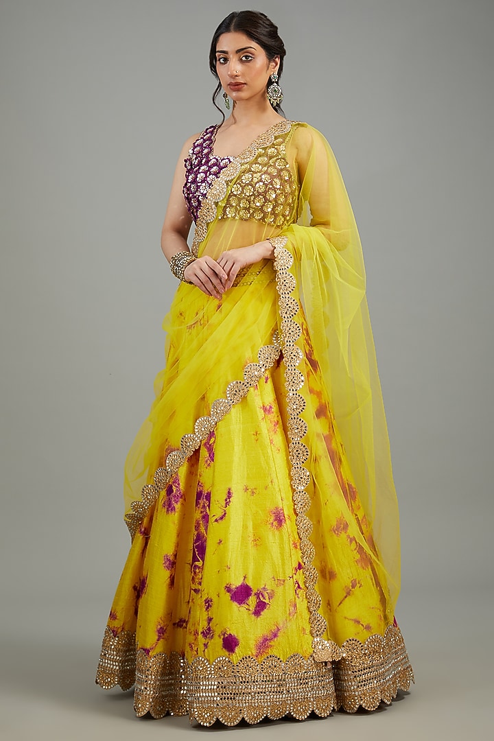 Yellow Raw Silk Tie-Dyed & Mirror Work Bridal Lehenga Set by Akanksha Gajria at Pernia's Pop Up Shop