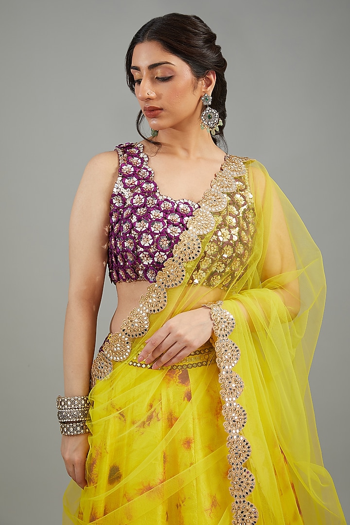 Yellow Raw Silk Tie-Dyed & Mirror Work Bridal Lehenga Set by Akanksha Gajria at Pernia's Pop Up Shop