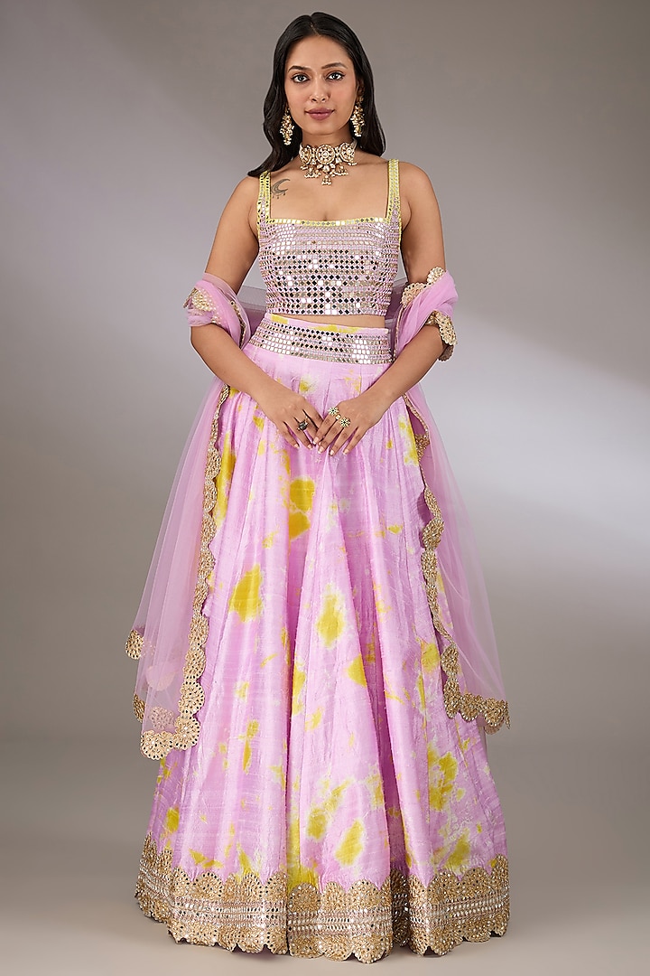 Lilac & Yellow Raw Silk Tie-Dyed Bridal Lehenga Set by Akanksha Gajria at Pernia's Pop Up Shop