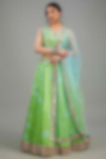 Green Raw Silk Tie-Dyed & Mirror Work Lehenga Set by Akanksha Gajria