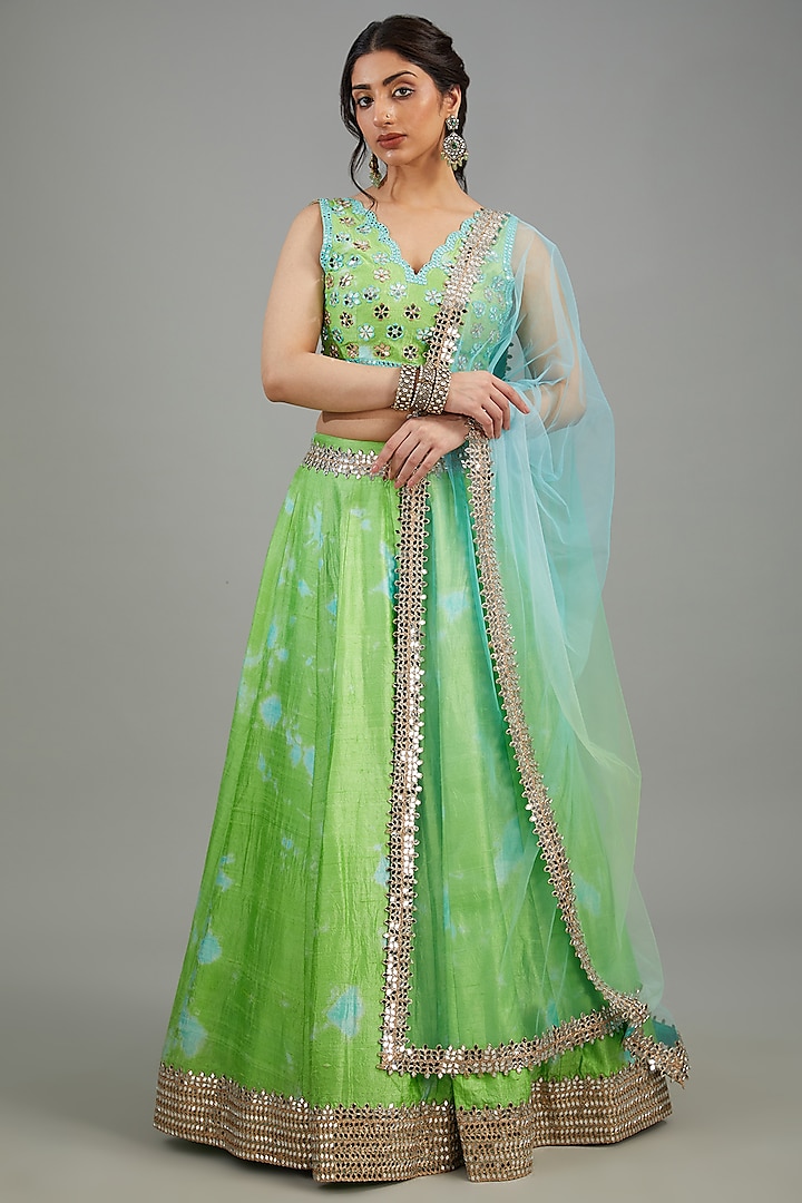 Green Raw Silk Tie-Dyed & Mirror Work Lehenga Set by Akanksha Gajria