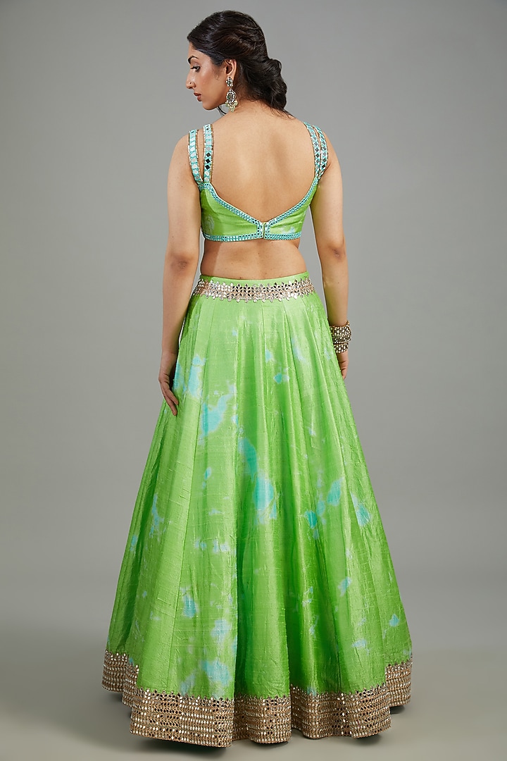 Green Raw Silk Tie-Dyed & Mirror Work Bridal Lehenga Set by Akanksha Gajria at Pernia's Pop Up Shop