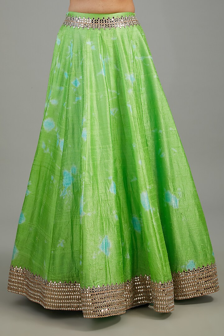 Green Raw Silk Tie-Dyed & Mirror Work Bridal Lehenga Set by Akanksha Gajria at Pernia's Pop Up Shop