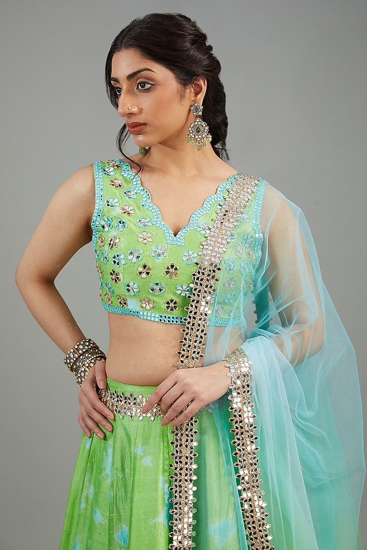 Green Raw Silk Tie-Dyed & Mirror Work Bridal Lehenga Set by Akanksha Gajria at Pernia's Pop Up Shop