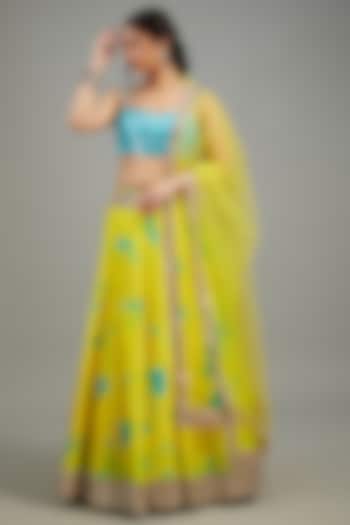 Yellow & Blue Raw Silk Tie-Dyed Lehenga Set by Akanksha Gajria