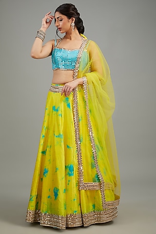 Yellow & Blue Raw Silk Tie-Dyed Lehenga Set by Akanksha Gajria