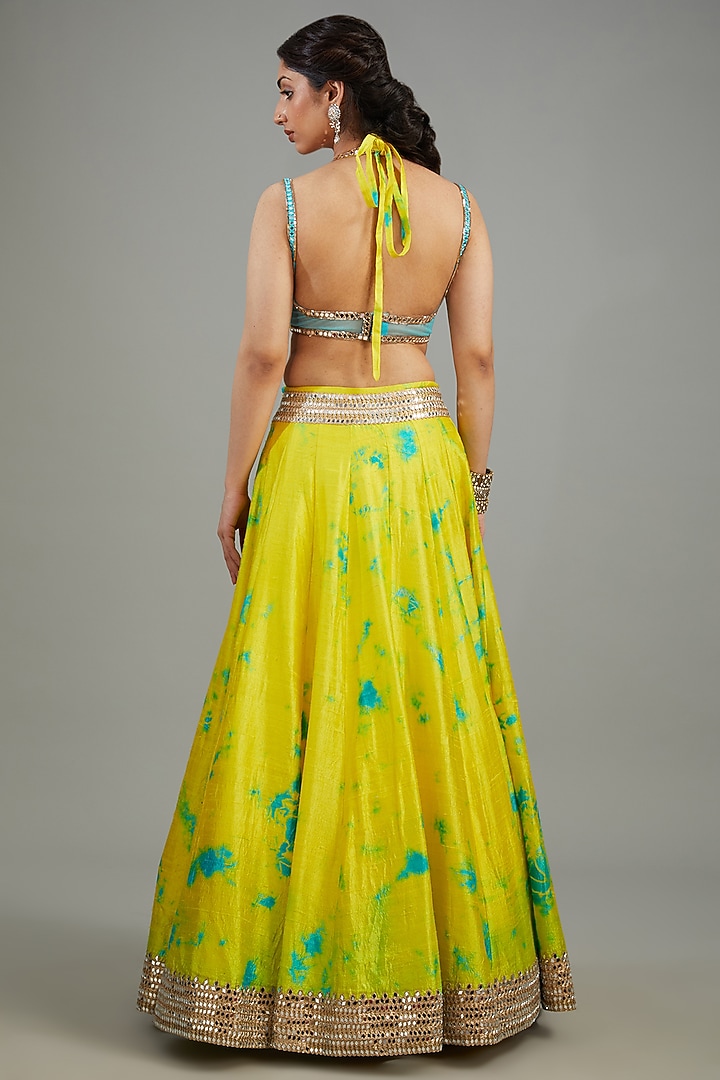 Yellow & Blue Raw Silk Tie-Dyed Bridal Lehenga Set by Akanksha Gajria at Pernia's Pop Up Shop