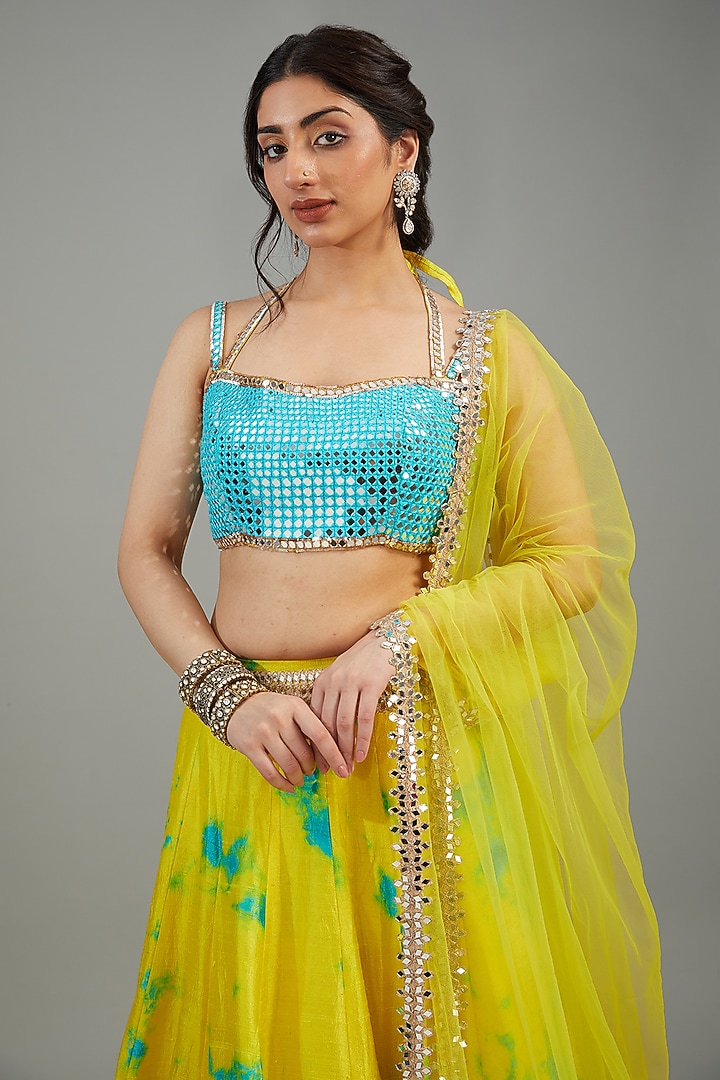 Yellow & Blue Raw Silk Tie-Dyed Bridal Lehenga Set by Akanksha Gajria at Pernia's Pop Up Shop