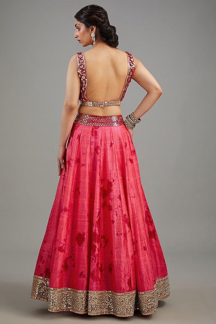 Red Raw Silk Tie-Dyed & Mirror Work Bridal Lehenga Set by Akanksha Gajria at Pernia's Pop Up Shop