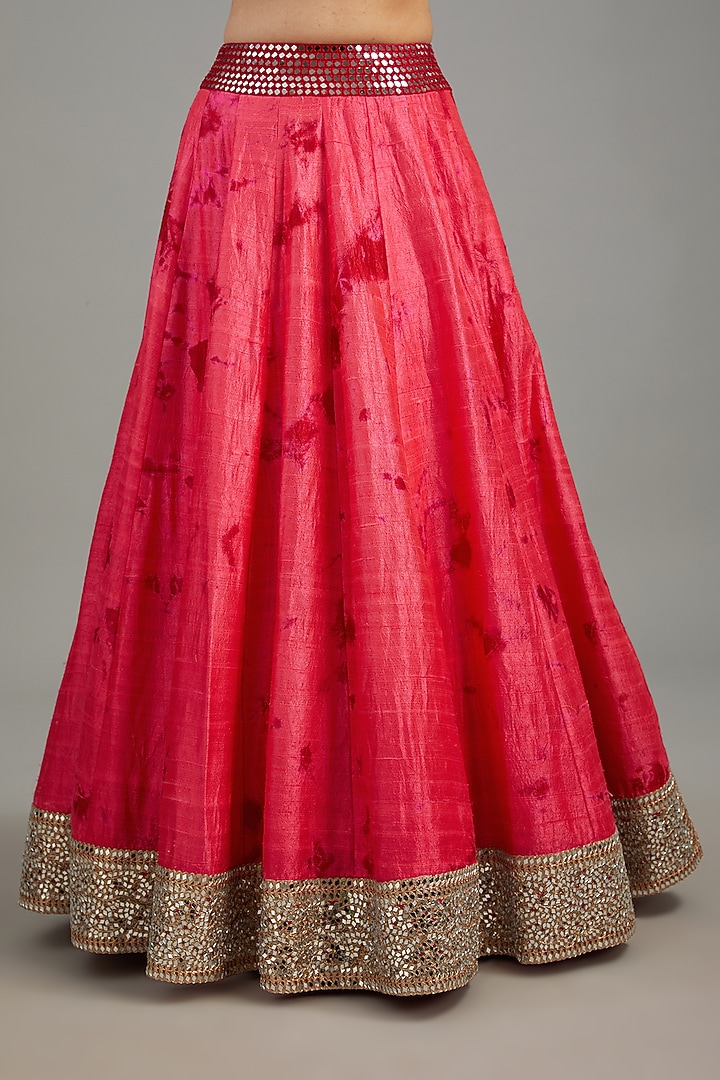 Red Raw Silk Tie-Dyed & Mirror Work Bridal Lehenga Set by Akanksha Gajria at Pernia's Pop Up Shop