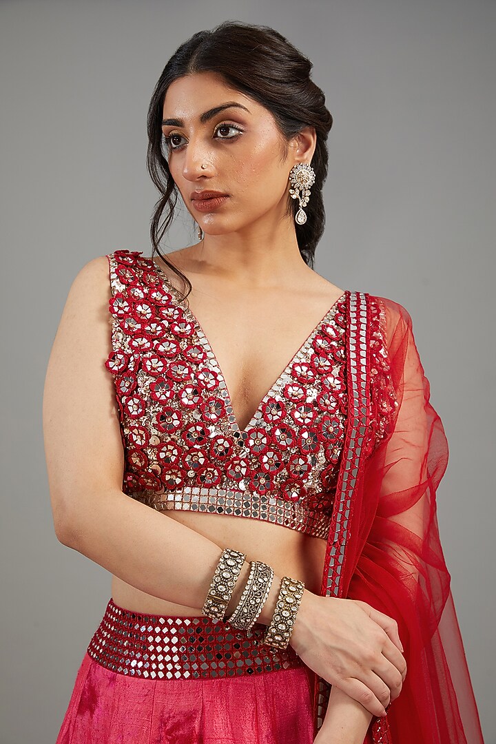 Red Raw Silk Tie-Dyed & Mirror Work Bridal Lehenga Set by Akanksha Gajria at Pernia's Pop Up Shop
