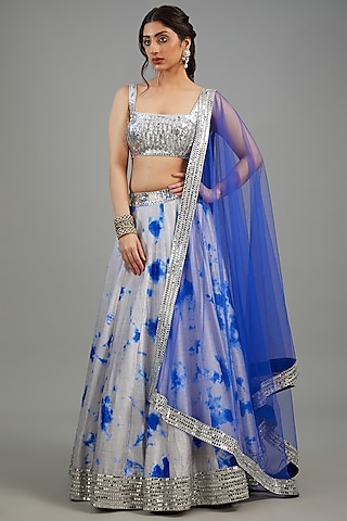 Grey & Blue Raw Silk Tie-Dyed Lehenga Set by Akanksha Gajria
