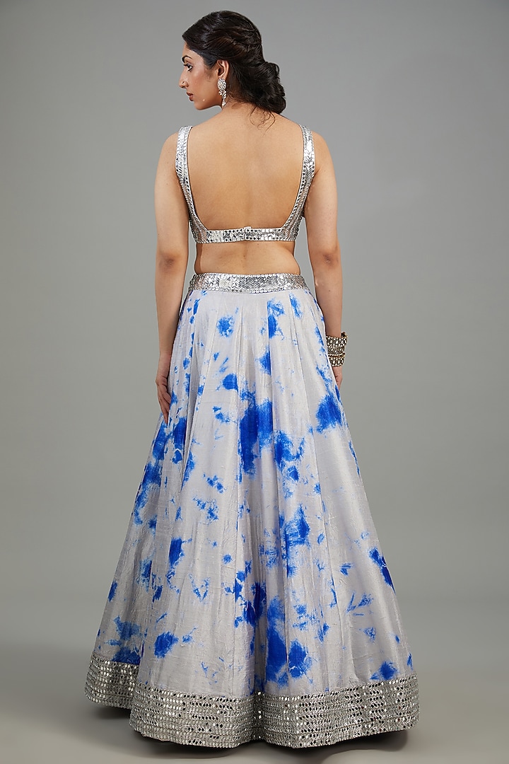Grey & Blue Raw Silk Tie-Dyed Bridal Lehenga Set by Akanksha Gajria at Pernia's Pop Up Shop