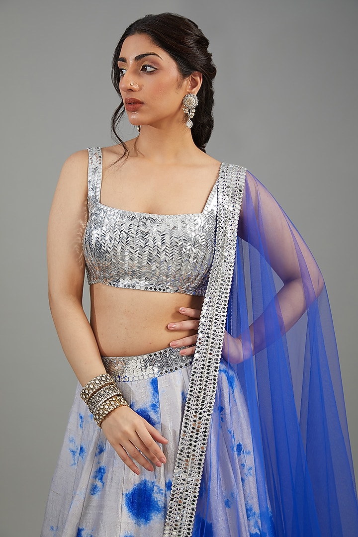 Grey & Blue Raw Silk Tie-Dyed Bridal Lehenga Set by Akanksha Gajria at Pernia's Pop Up Shop