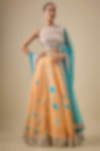Orange & Blue Raw Silk Embroidered & Tie-Dye Bridal Lehenga Set by Akanksha Gajria at Pernia's Pop Up Shop