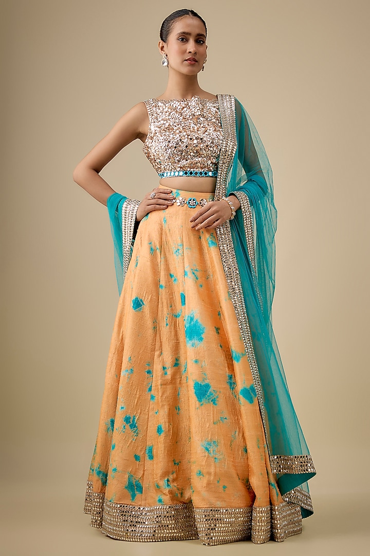 Orange & Blue Raw Silk Embroidered & Tie-Dye Bridal Lehenga Set by Akanksha Gajria at Pernia's Pop Up Shop