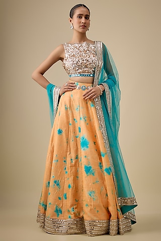 Orange & Blue Raw Silk Embroidered & Tie-Dye Lehenga Set by Akanksha Gajria