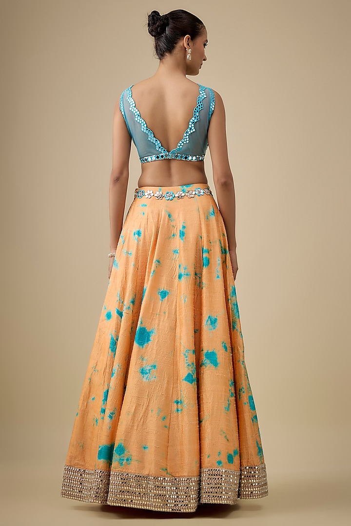 Orange & Blue Raw Silk Embroidered & Tie-Dye Bridal Lehenga Set by Akanksha Gajria at Pernia's Pop Up Shop