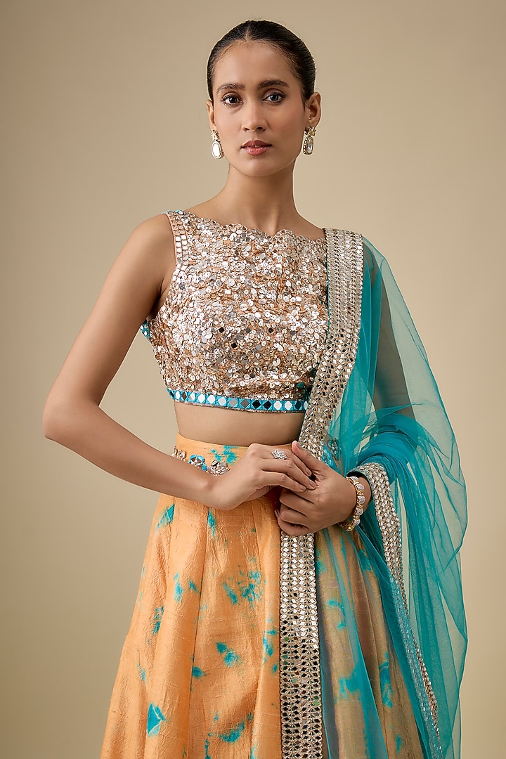 Orange & Blue Raw Silk Embroidered & Tie-Dye Bridal Lehenga Set by Akanksha Gajria at Pernia's Pop Up Shop
