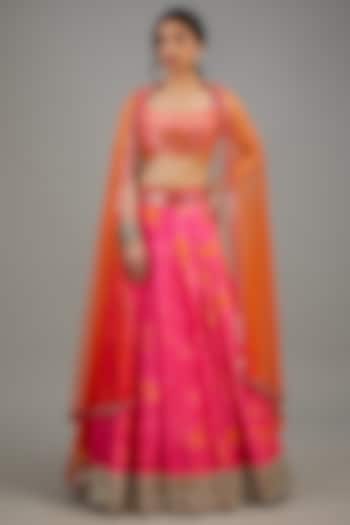 Pink Raw Silk Tie-Dyed & Mirror Work Lehenga Set by Akanksha Gajria