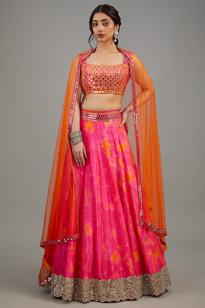 Pink Raw Silk Tie-Dyed & Mirror Work Lehenga Set by Akanksha Gajria