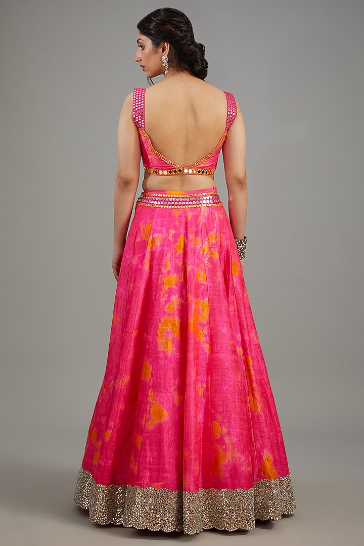 Pink Raw Silk Tie-Dyed & Mirror Work Bridal Lehenga Set by Akanksha Gajria at Pernia's Pop Up Shop