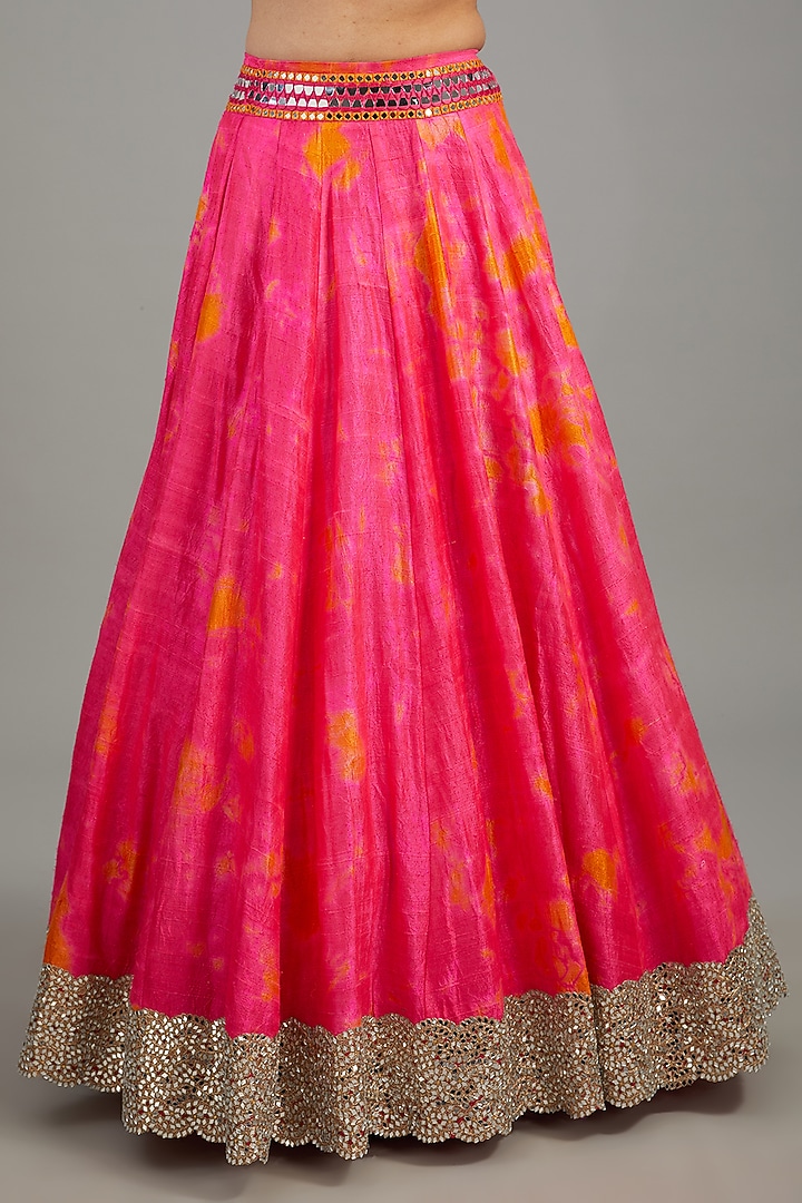 Pink Raw Silk Tie-Dyed & Mirror Work Bridal Lehenga Set by Akanksha Gajria at Pernia's Pop Up Shop