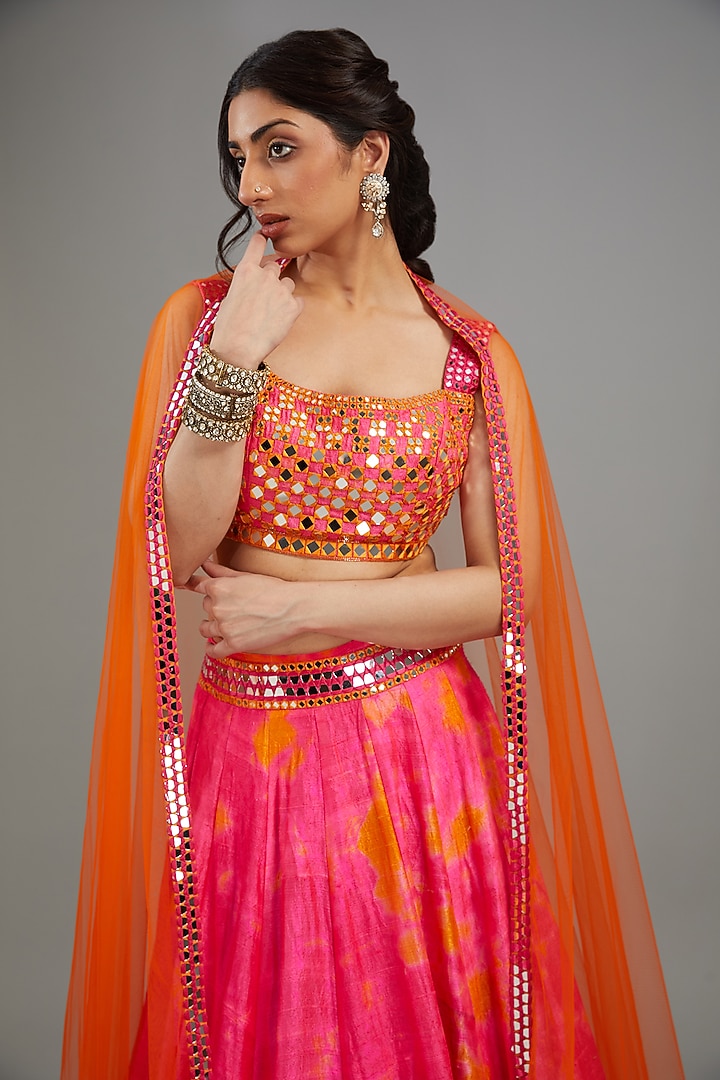 Pink Raw Silk Tie-Dyed & Mirror Work Bridal Lehenga Set by Akanksha Gajria at Pernia's Pop Up Shop
