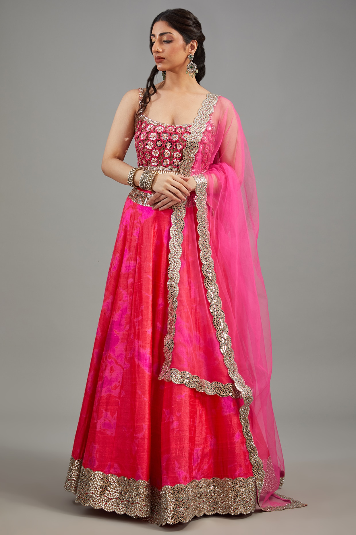 Corset Pink Blouse with Gold Lehnga – Sahil Exclusive