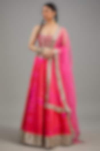 Red Raw Silk Tie-Dyed & Mirror Work Lehenga Set by Akanksha Gajria