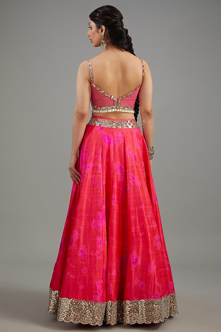 Red Raw Silk Tie-Dyed & Mirror Work Bridal Lehenga Set by Akanksha Gajria at Pernia's Pop Up Shop
