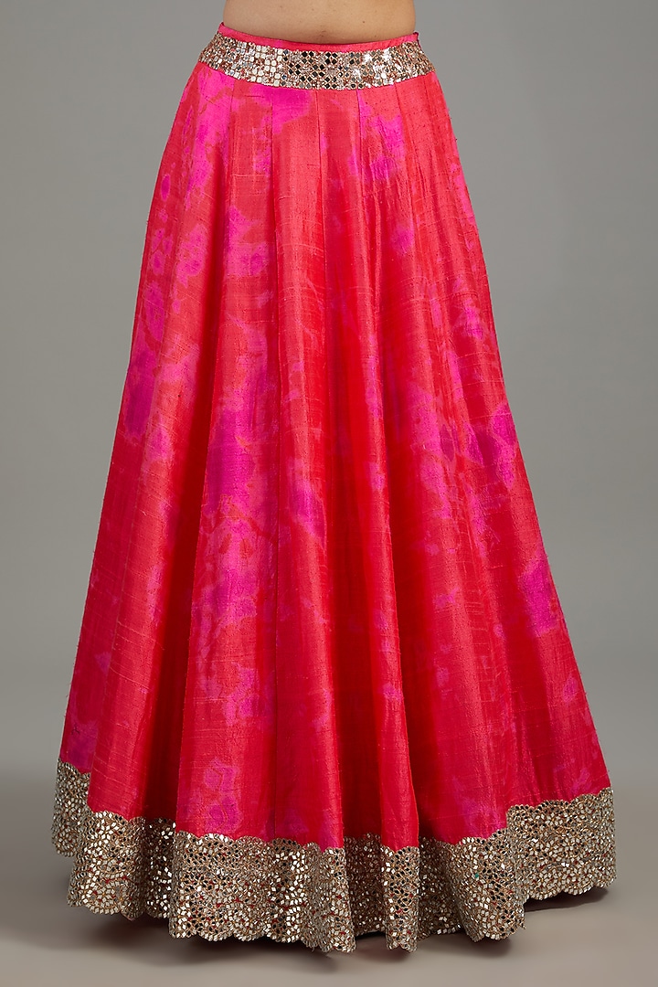 Red Raw Silk Tie-Dyed & Mirror Work Bridal Lehenga Set by Akanksha Gajria at Pernia's Pop Up Shop