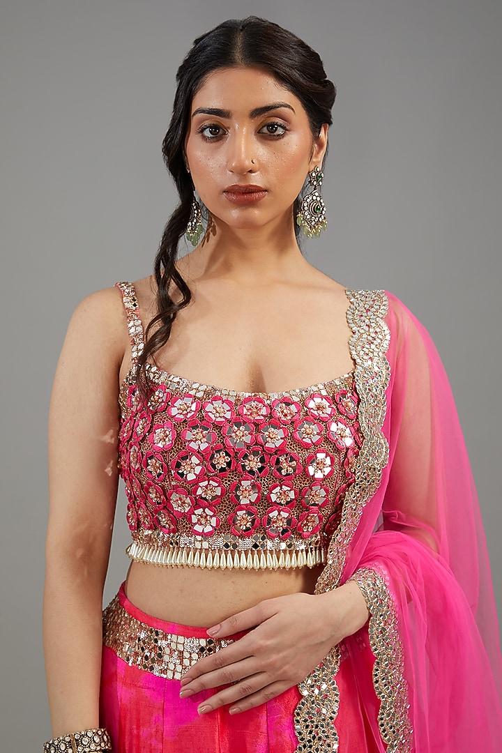 Red Raw Silk Tie-Dyed & Mirror Work Bridal Lehenga Set by Akanksha Gajria at Pernia's Pop Up Shop