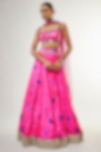 Fuchsia Raw Silk Mirror Embroidered Hand Tie-Dye Bridal Lehenga Set by Akanksha Gajria at Pernia's Pop Up Shop
