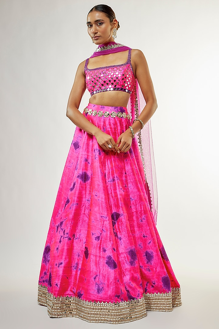 Fuchsia Raw Silk Mirror Embroidered Hand Tie-Dye Bridal Lehenga Set by Akanksha Gajria at Pernia's Pop Up Shop