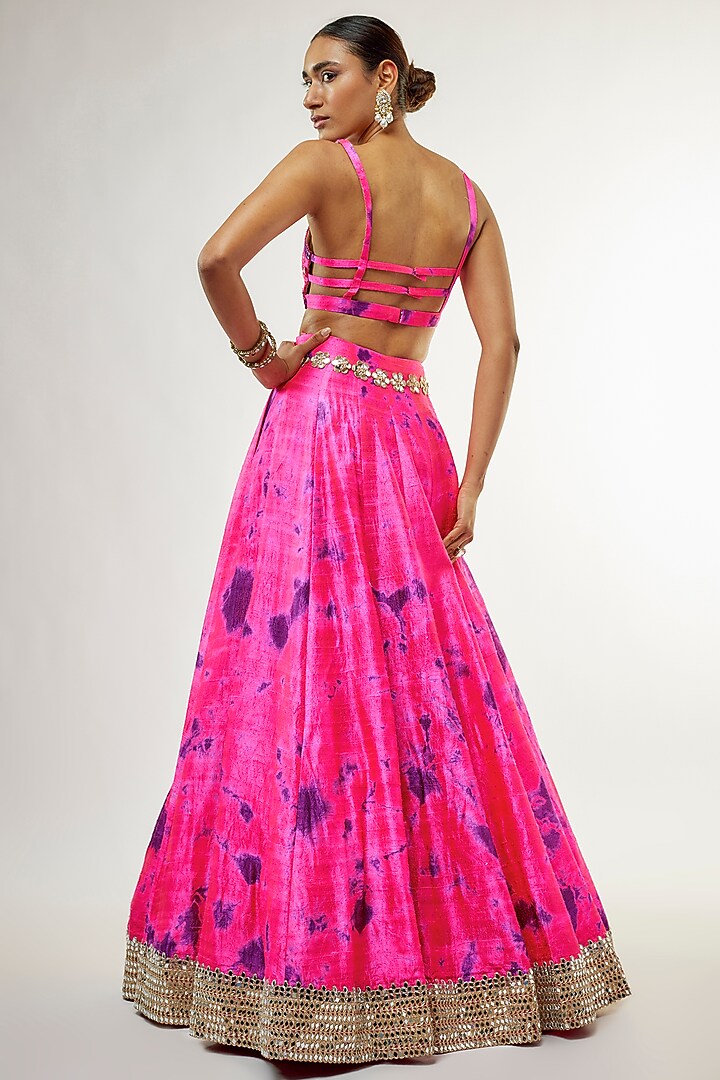 Fuchsia Raw Silk Mirror Embroidered Hand Tie-Dye Bridal Lehenga Set by Akanksha Gajria at Pernia's Pop Up Shop