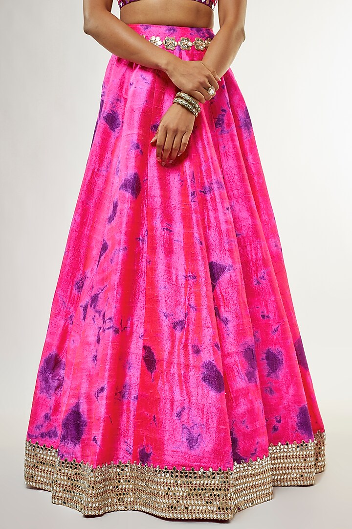 Fuchsia Raw Silk Mirror Embroidered Hand Tie-Dye Bridal Lehenga Set by Akanksha Gajria at Pernia's Pop Up Shop