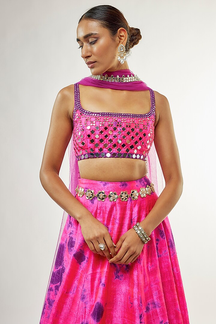Fuchsia Raw Silk Mirror Embroidered Hand Tie-Dye Bridal Lehenga Set by Akanksha Gajria at Pernia's Pop Up Shop