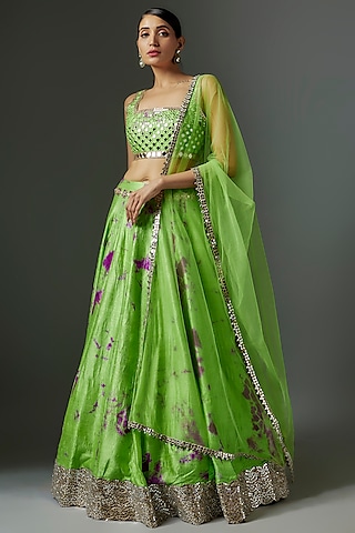 Green Raw Silk Tie-Dye Lehenga Set by Akanksha Gajria