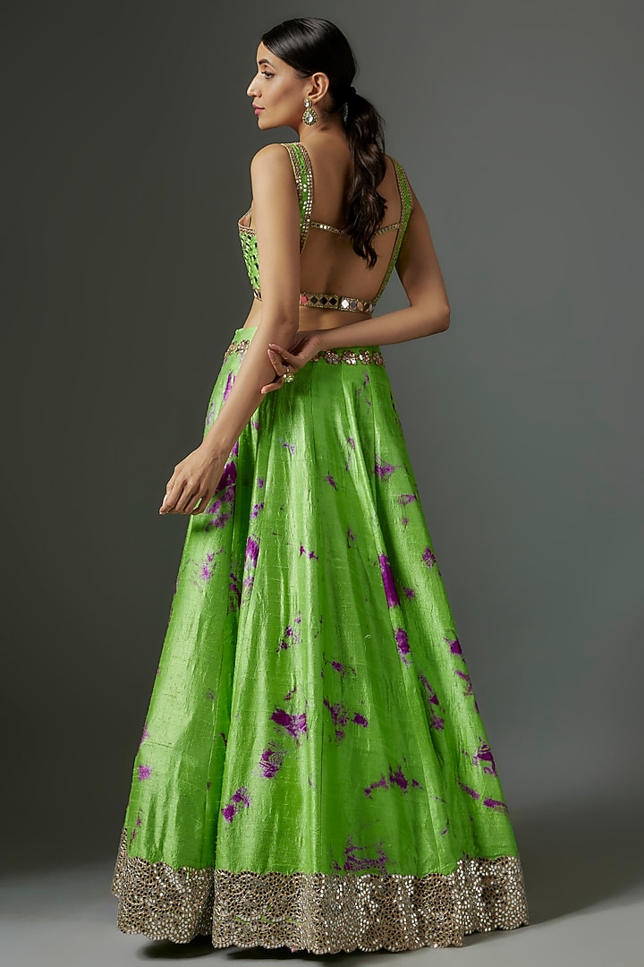Green Raw Silk Tie-Dye Bridal Lehenga Set by Akanksha Gajria at Pernia's Pop Up Shop