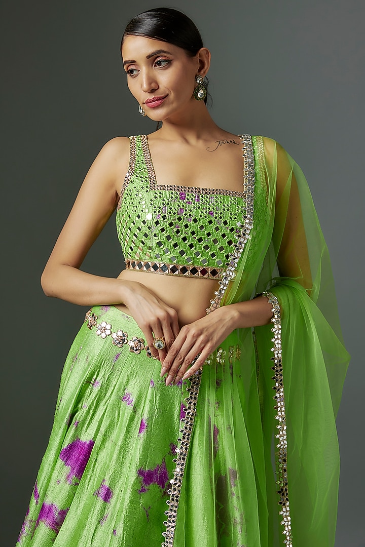 Green Raw Silk Tie-Dye Bridal Lehenga Set by Akanksha Gajria at Pernia's Pop Up Shop