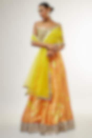 Orange Raw Silk Mirror Embroidered Hand Tie-Dye Bridal Lehenga Set by Akanksha Gajria at Pernia's Pop Up Shop