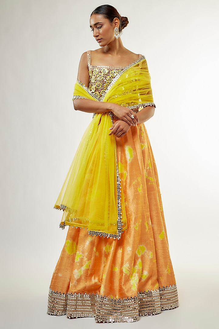 Orange Raw Silk Mirror Embroidered Hand Tie-Dye Bridal Lehenga Set by Akanksha Gajria at Pernia's Pop Up Shop