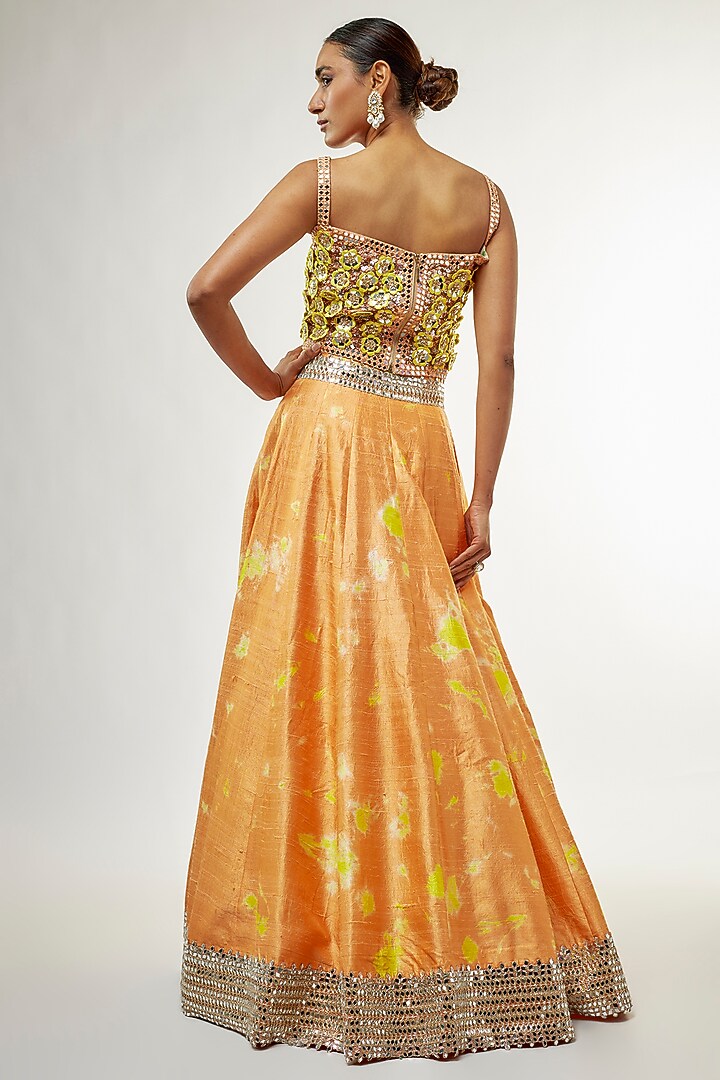 Orange Raw Silk Mirror Embroidered Hand Tie-Dye Bridal Lehenga Set by Akanksha Gajria at Pernia's Pop Up Shop