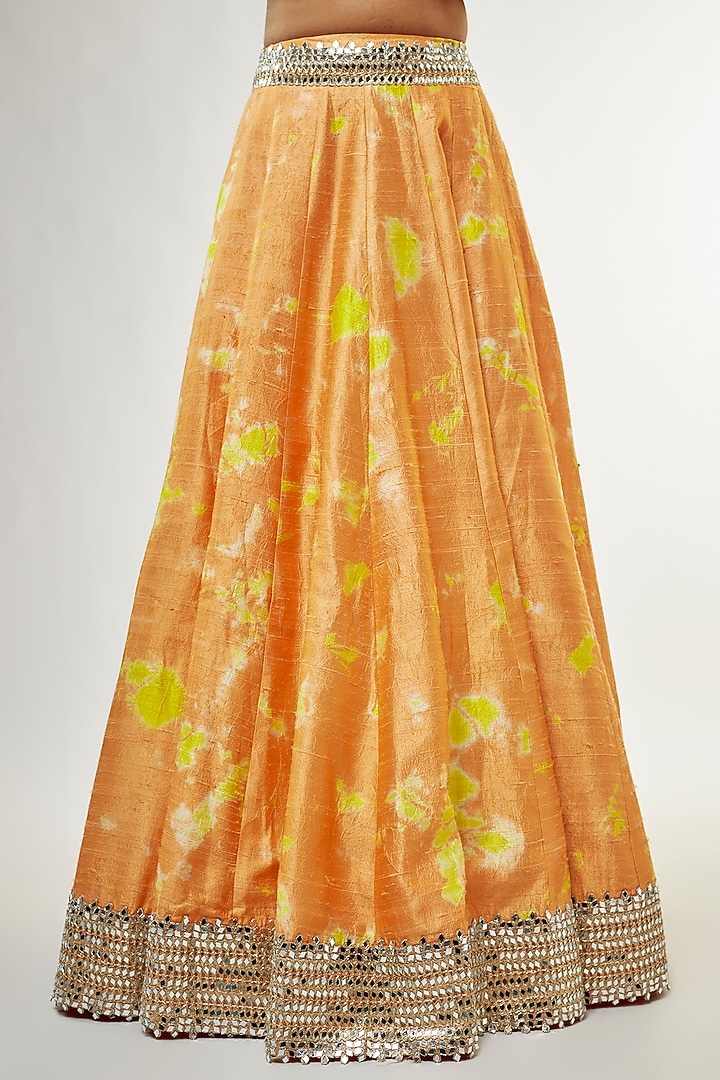 Orange Raw Silk Mirror Embroidered Hand Tie-Dye Bridal Lehenga Set by Akanksha Gajria at Pernia's Pop Up Shop