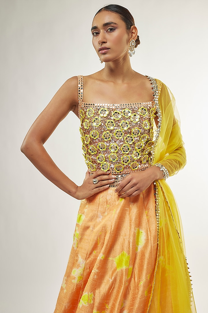 Orange Raw Silk Mirror Embroidered Hand Tie-Dye Bridal Lehenga Set by Akanksha Gajria at Pernia's Pop Up Shop
