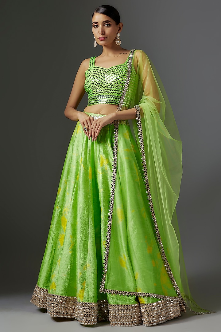 Green Raw Silk Tie-Dye Lehenga Set by Akanksha Gajria