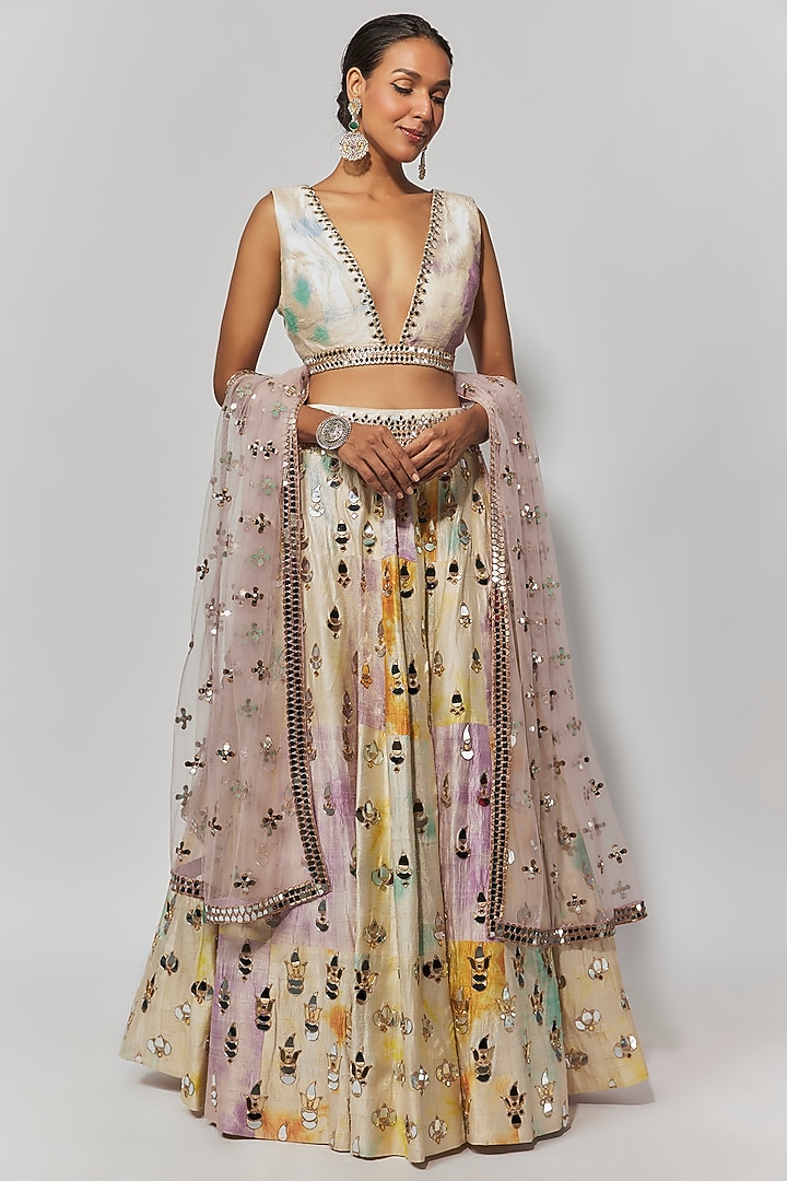 Ivory Raw Silk Hand Tie-Dyed & Hand Embroidered Bridal Lehenga Set by Akanksha Gajria at Pernia's Pop Up Shop