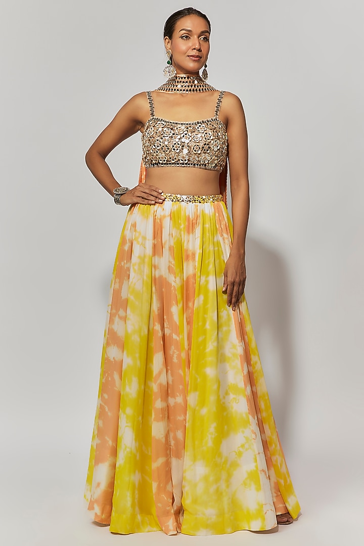 Multi-Colored Georgette Hand Tie-Dyed & Hand Embroidered Wedding Lehenga Set by Akanksha Gajria at Pernia's Pop Up Shop